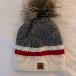 Cozy Gray and White Beanie with Red Stripe